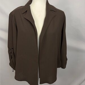 Caroline Rose Matte Crepe Open-Front Jacket - Brown, 3/4 Ruched Sleeve